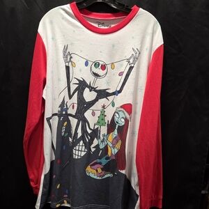Disney Nightmare Before Christmas Red White Long Sleeve TShirt Size L Jack Sally
